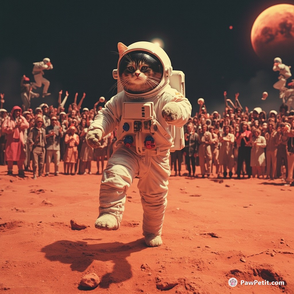 Cat moonwalking on Mars with a crowd of extraterrestrials cheering in the background.