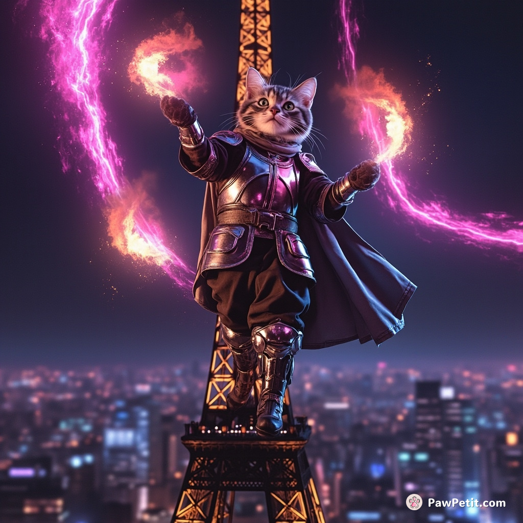 A cat juggling cosmic fireballs on top of the Eiffel Tower wearing a knight's armor.