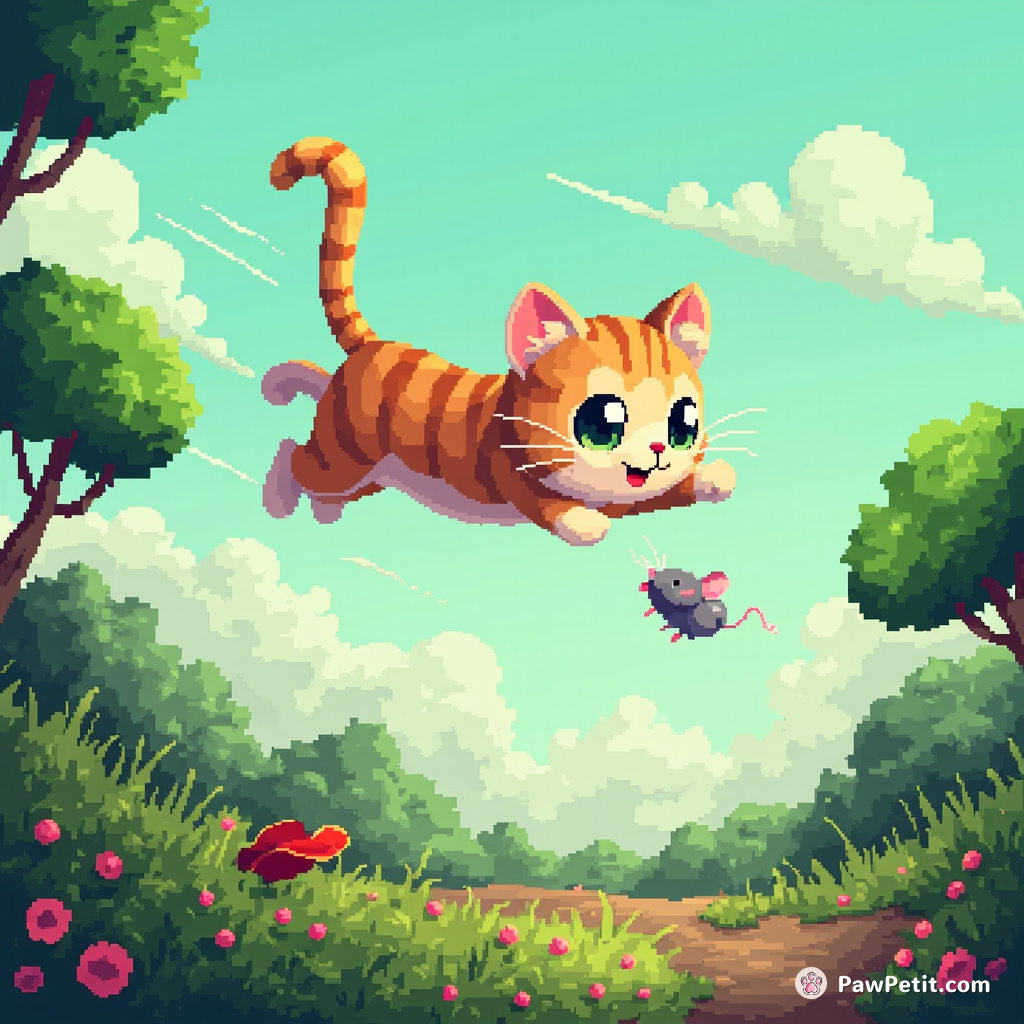 The cat leaps effortlessly over pixelated low-poly bushes, chasing ever-elusive quantum-inspired coded mice.
