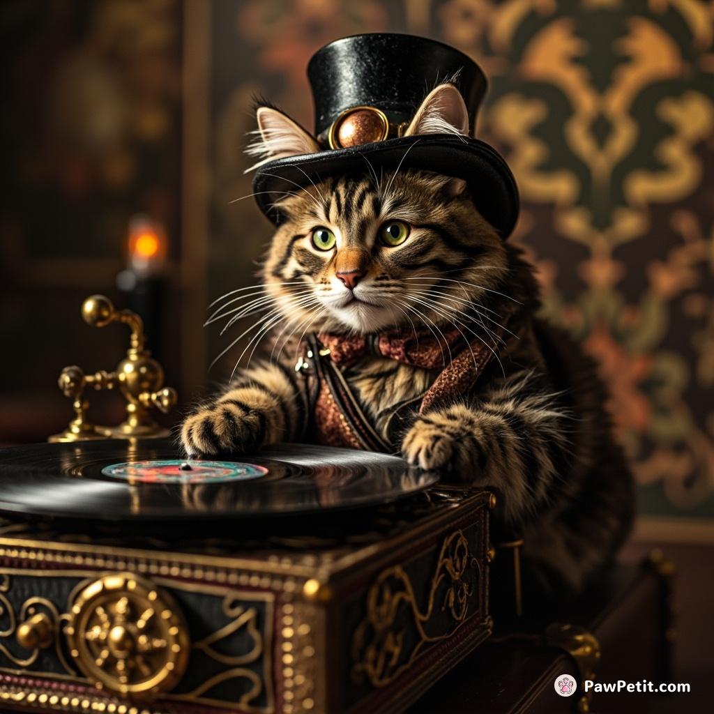 A Steampunk cat in a top hat spinning vinyl records on a grand Phonograph made of fish bones.