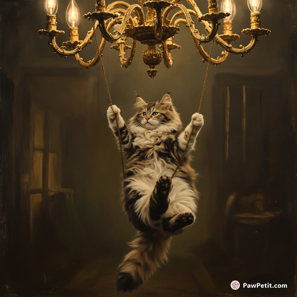 A cat gracefully swinging on a golden chandelier in a haunted manor.