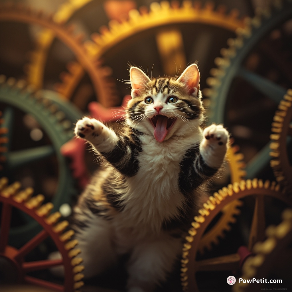 A calico cat doing backflips among multicolored steampunk cogs, cheekily sticking its tongue out.