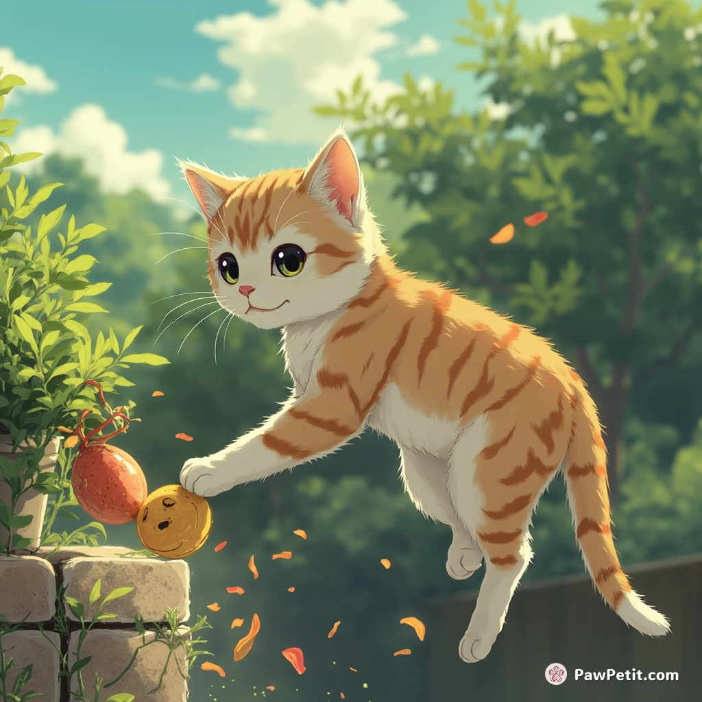 Balancing precariously on a garden wall, cat mimics tiptoeing humans for fun - mocking next-door barbecue without dropping his fetch!