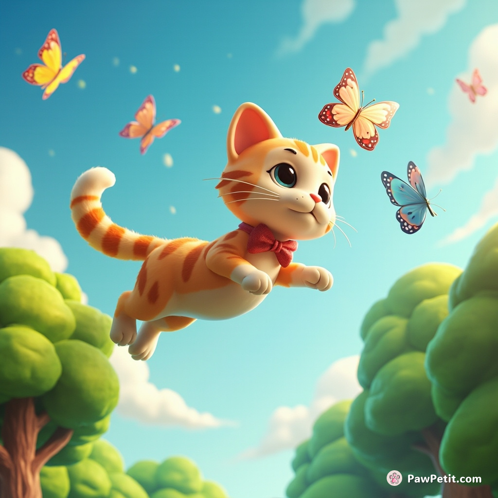 The digital cat repeatedly leaps, climbing virtual trees to swat floating pixelated butterflies out of the cyber sky.