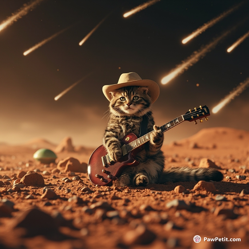 Cat on Mars playing electric guitar to an alien audience, wearing a cowboy hat while meteor showers occur.