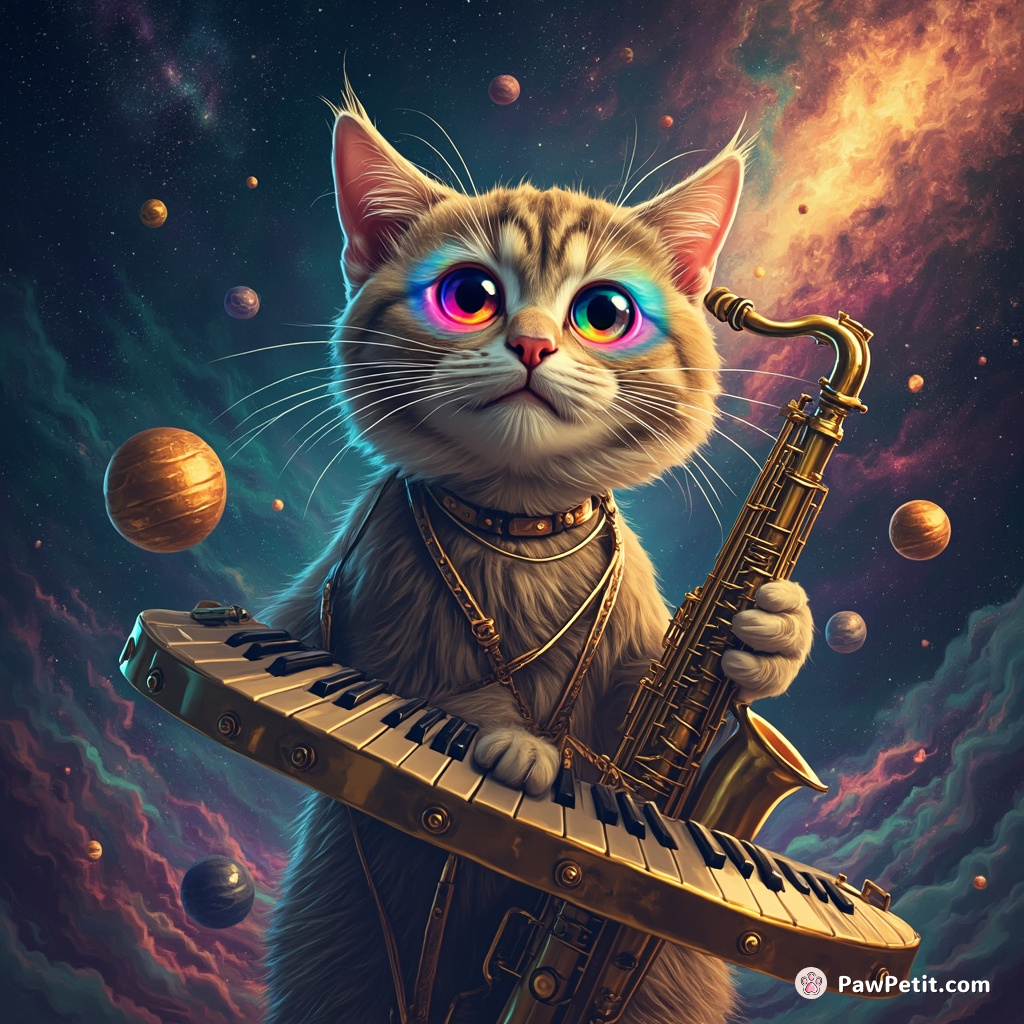 Alien cat with rainbow eyes performing a classical symphony on intergalactic scales.
