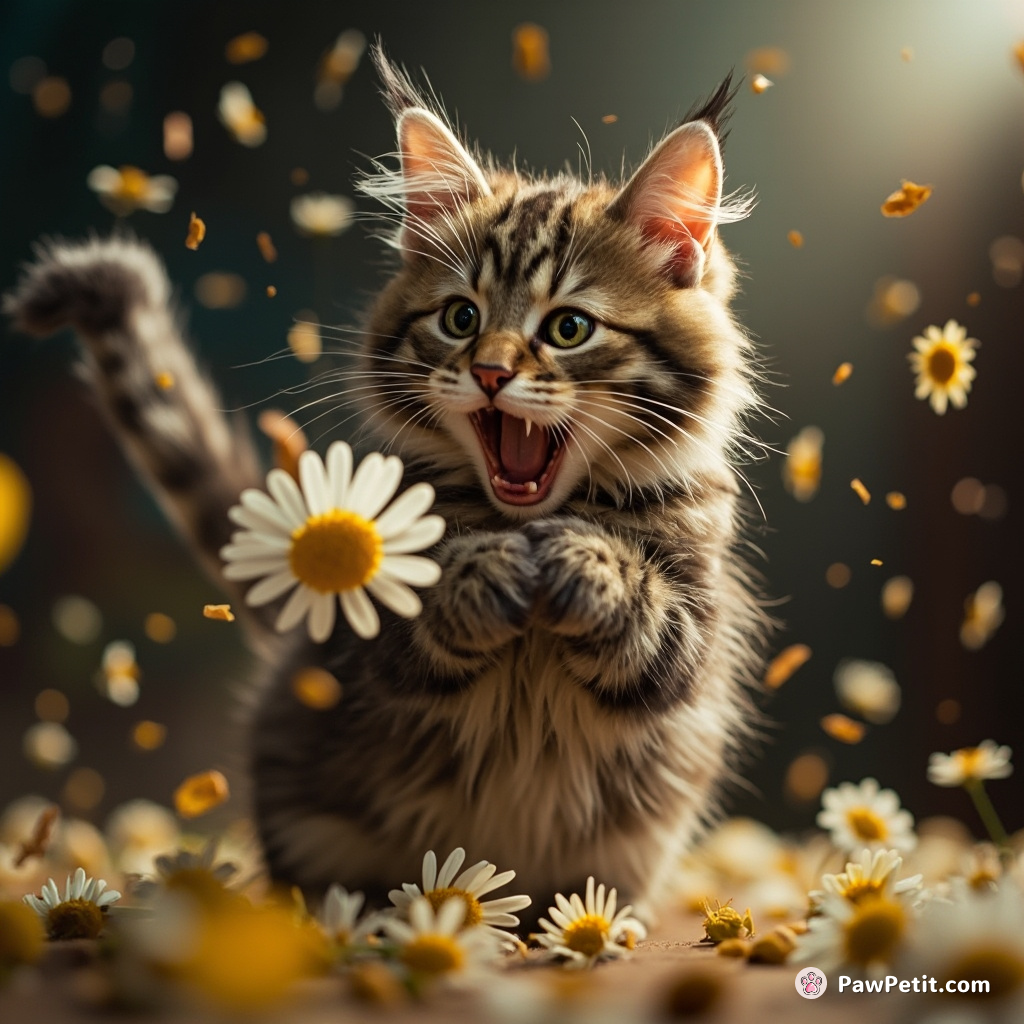 Chaos erupts as Mister Whiskers, grasping a daisy between toe-beans, daringly attempts his first human-like sneeze.