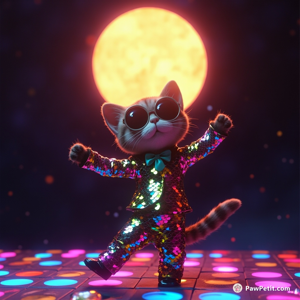 A cat disco dancing under a glowing cheese moon in a suit made of neon fish scales.
