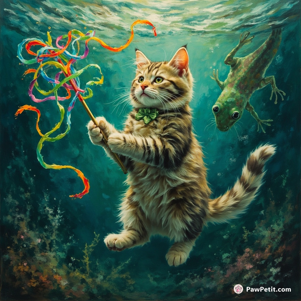 Cat elegantly conducting an amphibian orchestra underwater with a rainbow seaweed baton.