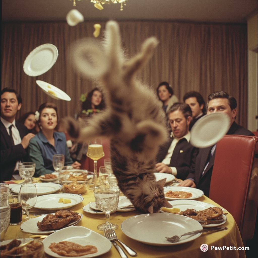 Frantically, the cat somersaults across the dinner table, sending dishes flying in an attempt to escape encroaching human commotion.