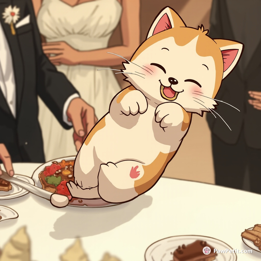 In a wedding reception, Tabby leaps onto the cake-cutting table, whisking away the gold ring in her mouth.