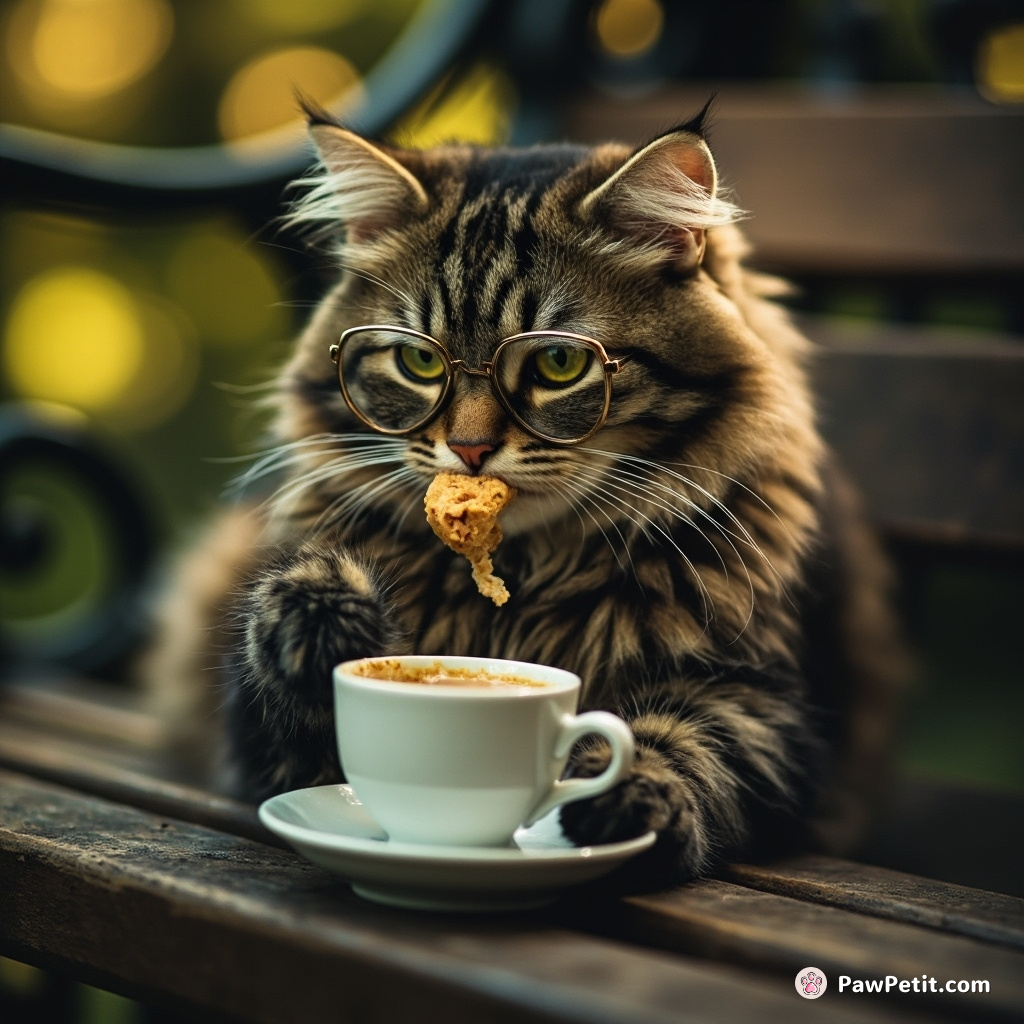 Monocled Cat sips tea aloofly, paw-dunks biscuit in genteel unfamiliarity; surprise springs as it crumbles away. Park-bench-high-tea calamity!