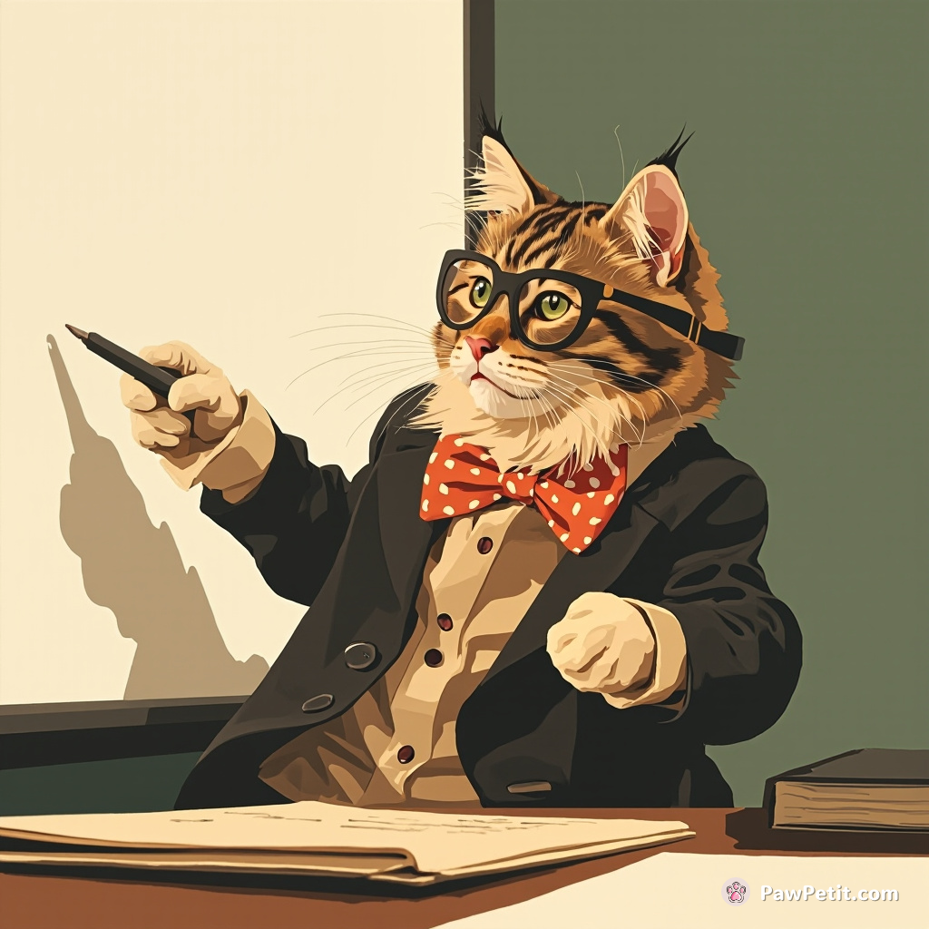 Cat masquerades as linguist at conference, hilariously wreaking havoc by aggressively batting at pointer during PowerPoint presentations.