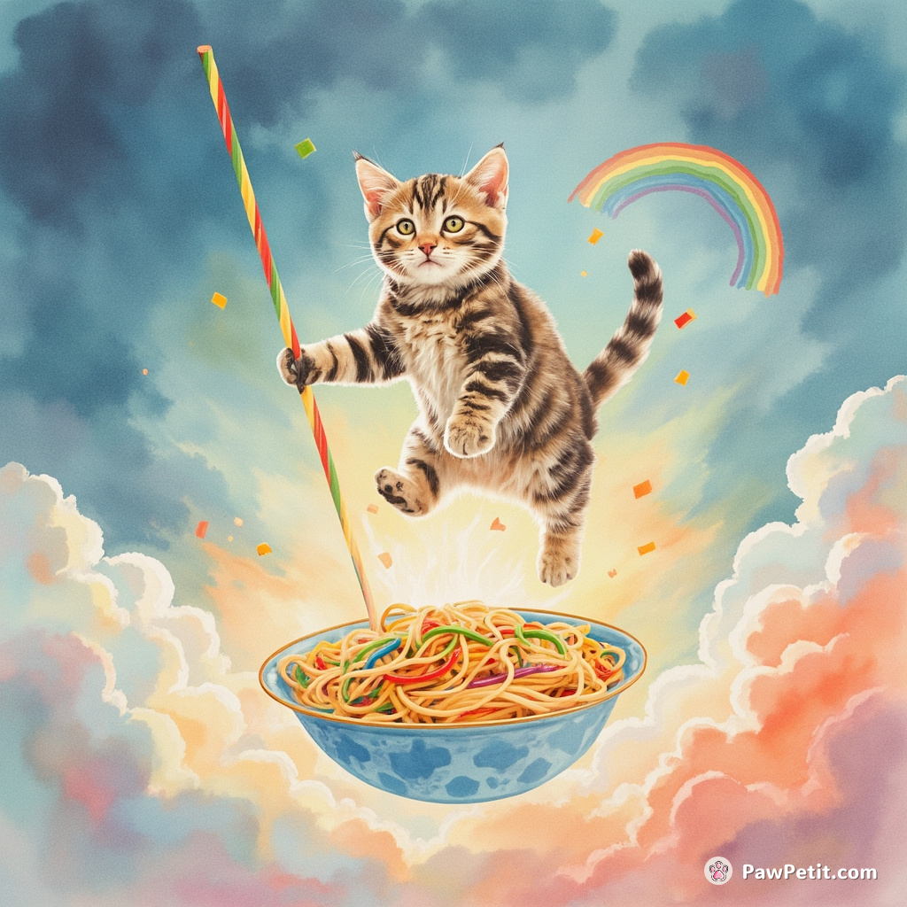 Cat pole-vaulting over a steaming bowl of rainbow spaghetti in zero gravity.