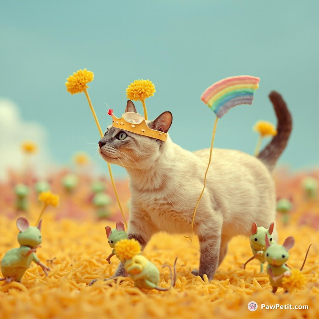 A regal Siamese cat commanding an army of marzipan mice, wearing a crown made of dandelions on a licorice battlefield under a rainbow spaghetti sky.
