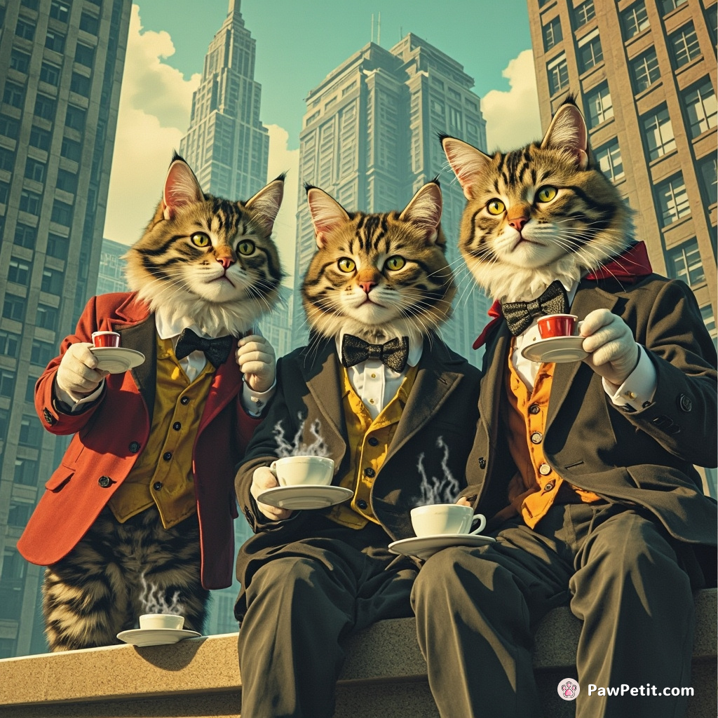 Feline politicians secretly convene atop skyscrapers, discussing global domination while sipping from saucers of milk.