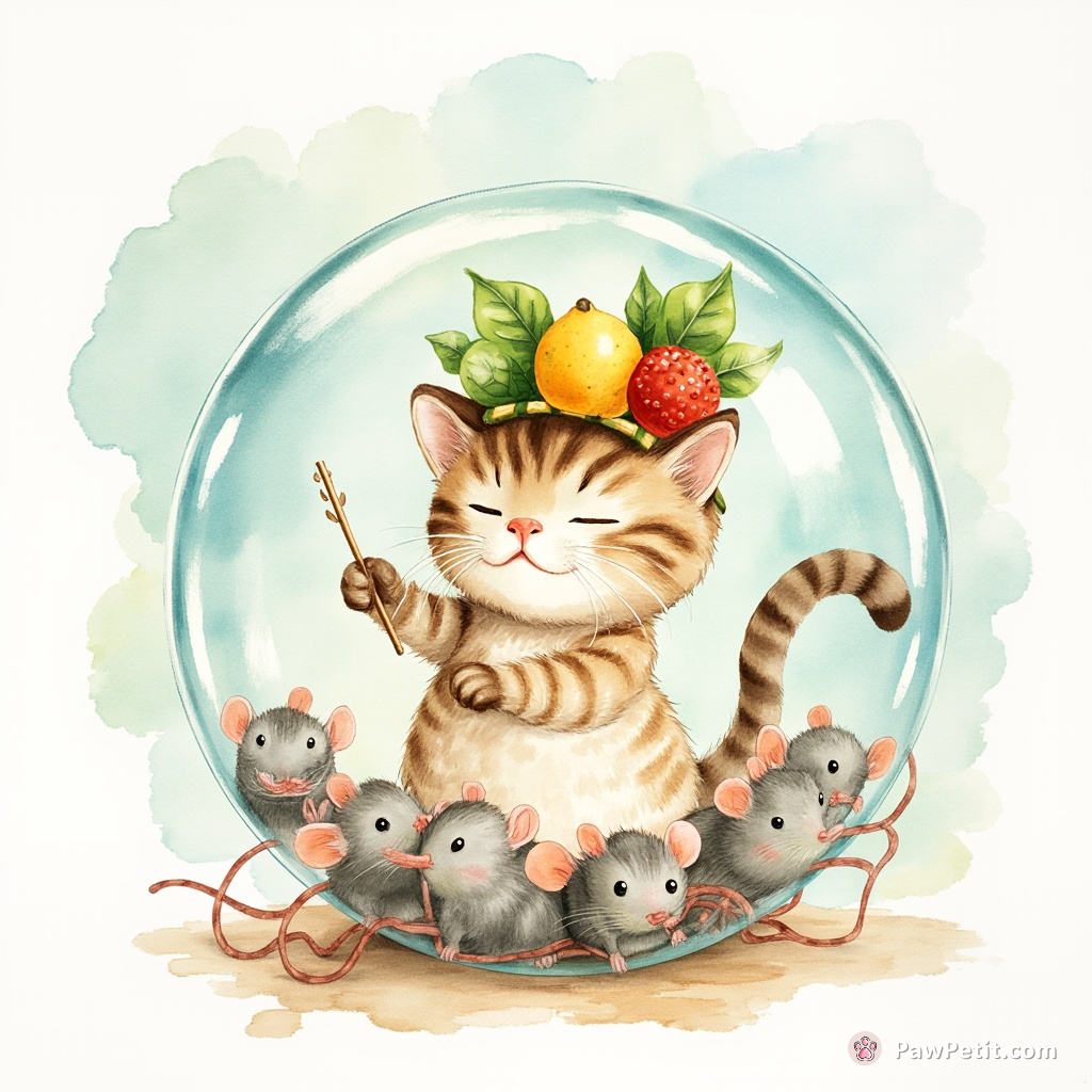 Cat conducting a symphony of mice with its tail, in an underwater bubble, while wearing Carmen Miranda-inspired fruit hat.