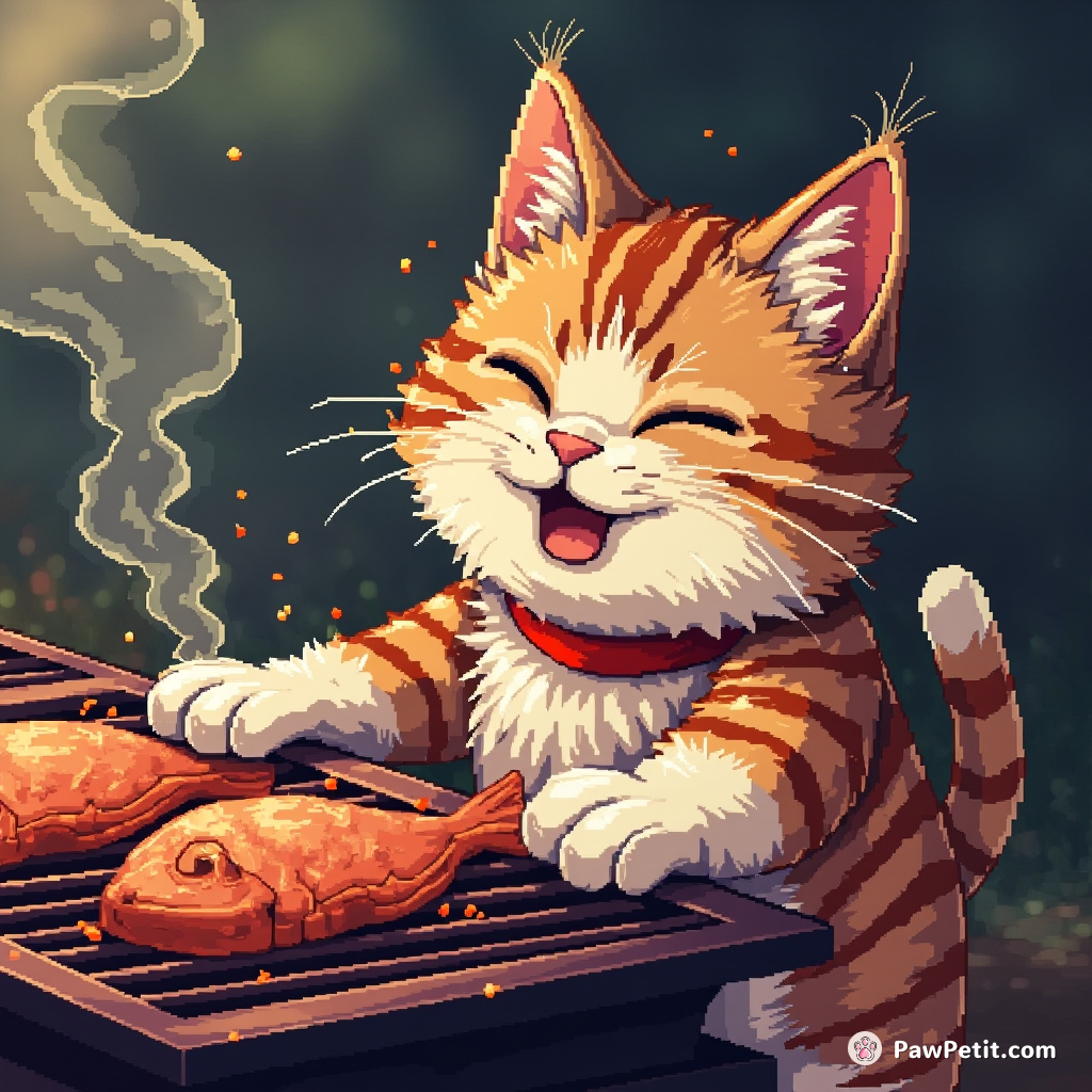 Cat chaos ensues as the feline commandeers the grill, spicing fish with dexterous paw swipes, whiskers twitching in glee.