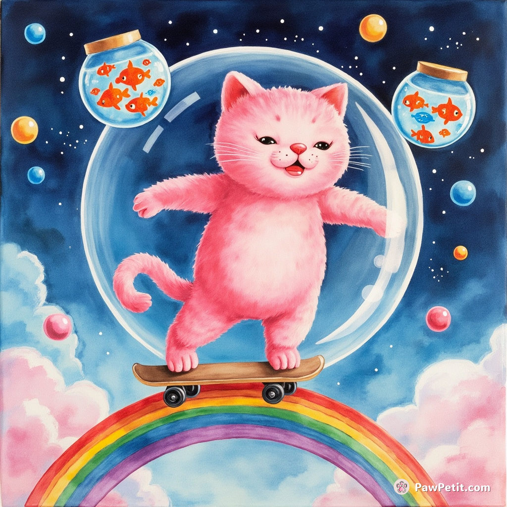 A neon pink cat skateboarding on a rainbow, juggling fish-filled aquariums inside a zero-gravity bubble while disco balls twirl in the background.