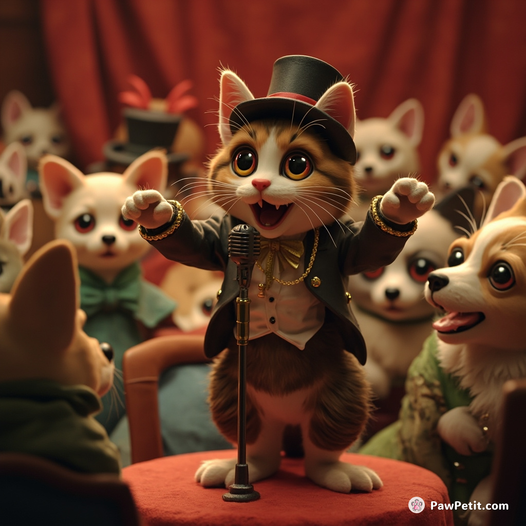 Sleek tabby cat passionately delivering a stand-up comedy routine to an audience of chihuahuas, in Victorian-era attire.