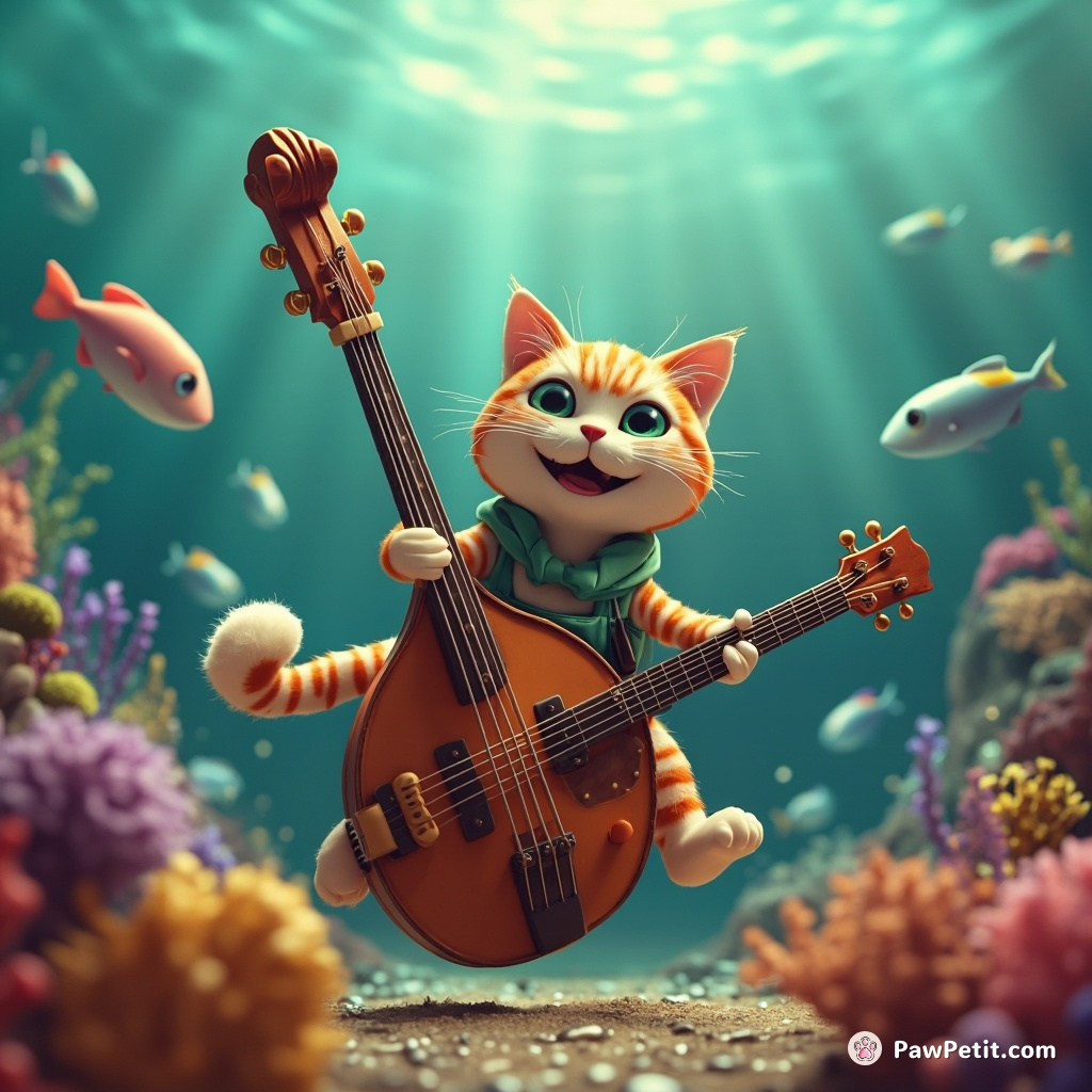 A cat playing a double bass in an underwater rock band, surrounded by fish fans dancing to the rhythm.