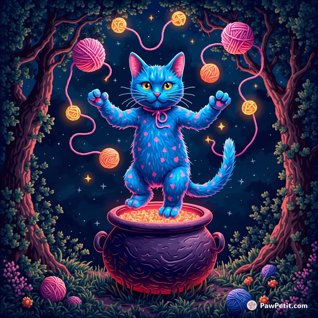 A neon-blue cat juggling van Gogh Starry Night-patterned yarn balls above a bubbling witch's cauldron in an overgrown cybernetic forest.