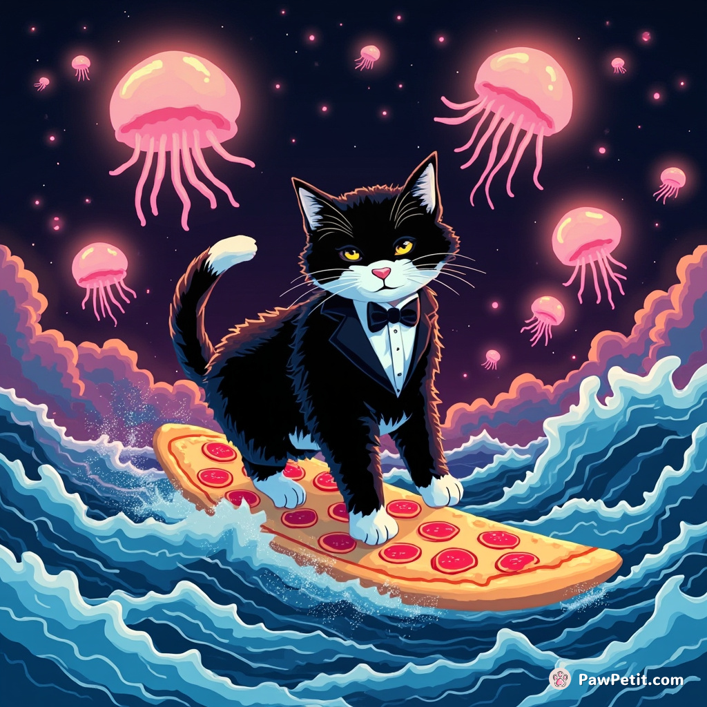 A tuxedo cat surfing on a pizza slice through a neon ocean under glowing jellyfish sky.