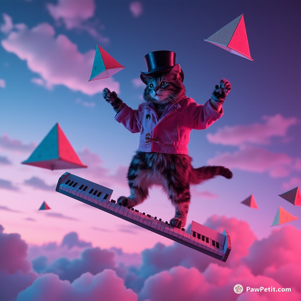 Cat juggling tiny pyramids, hopping on pianos floating in the sky while wearing top hats.