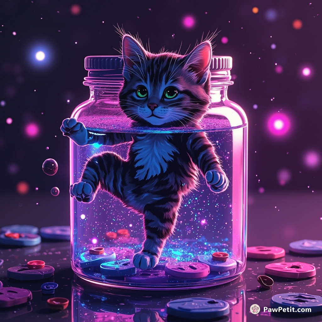 A pixelated, neon cat breakdancing on an 8-bit videogame cartridge floating in a galaxy jam jar.