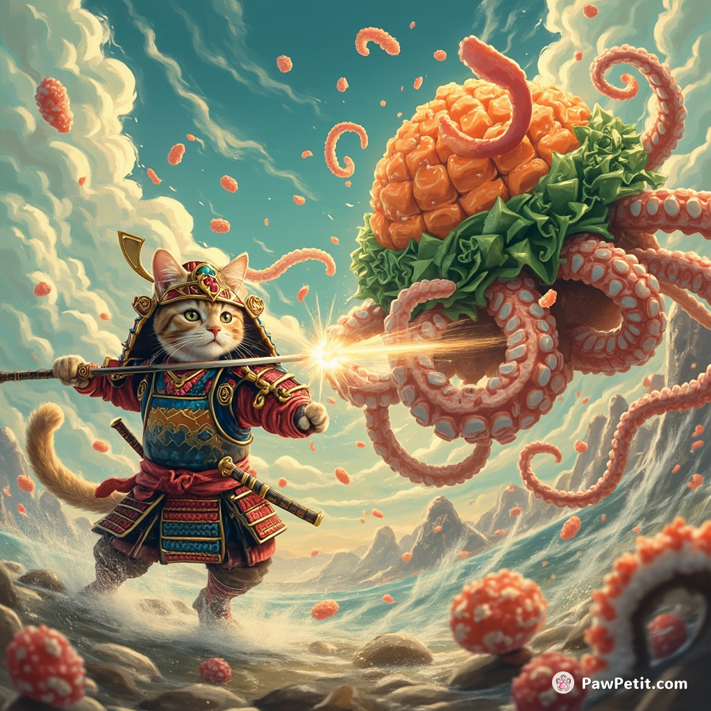 A proud warrior cat, bedecked in neon samurai armor, engaged in a thrilling sushi-roll joust with a giant octopus on a floating wasabi island underwhelmed by the incoming candy shower.