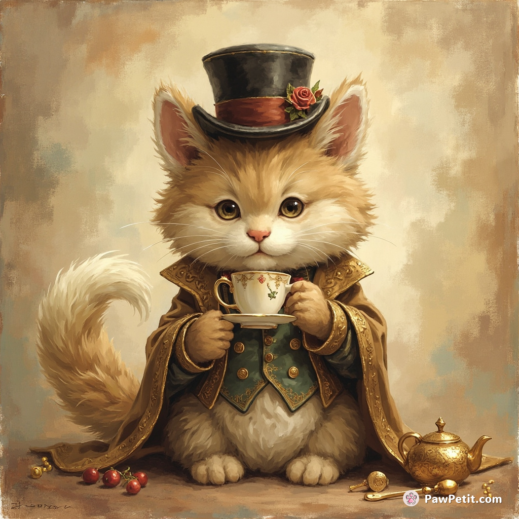 Fluffy dons a tiny hat, sips imaginary tea, and elegantly flicks its tail like a sophisticated human.