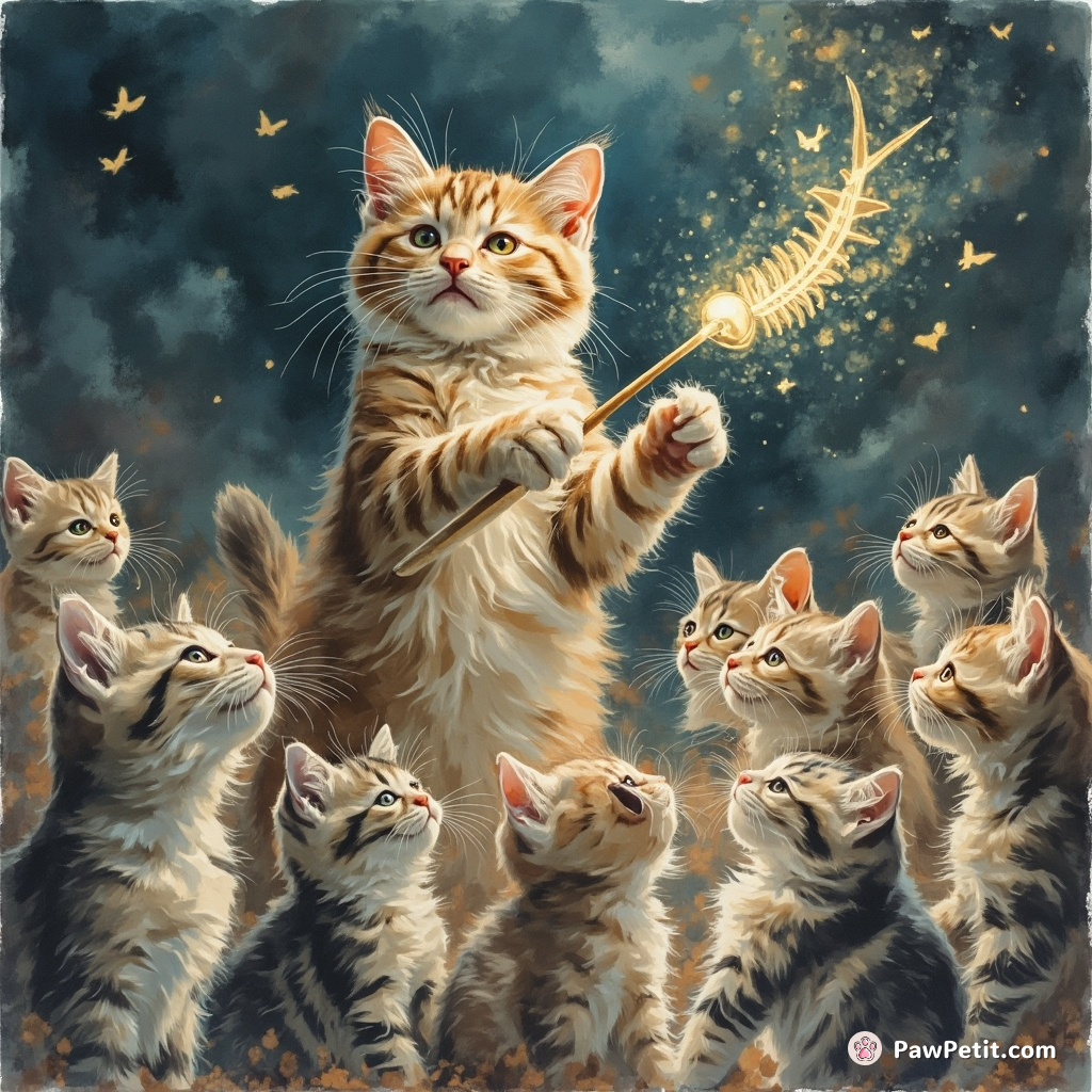 A cat conducting a symphony orchestra of playful kittens, using a glowing fish skeleton as baton.