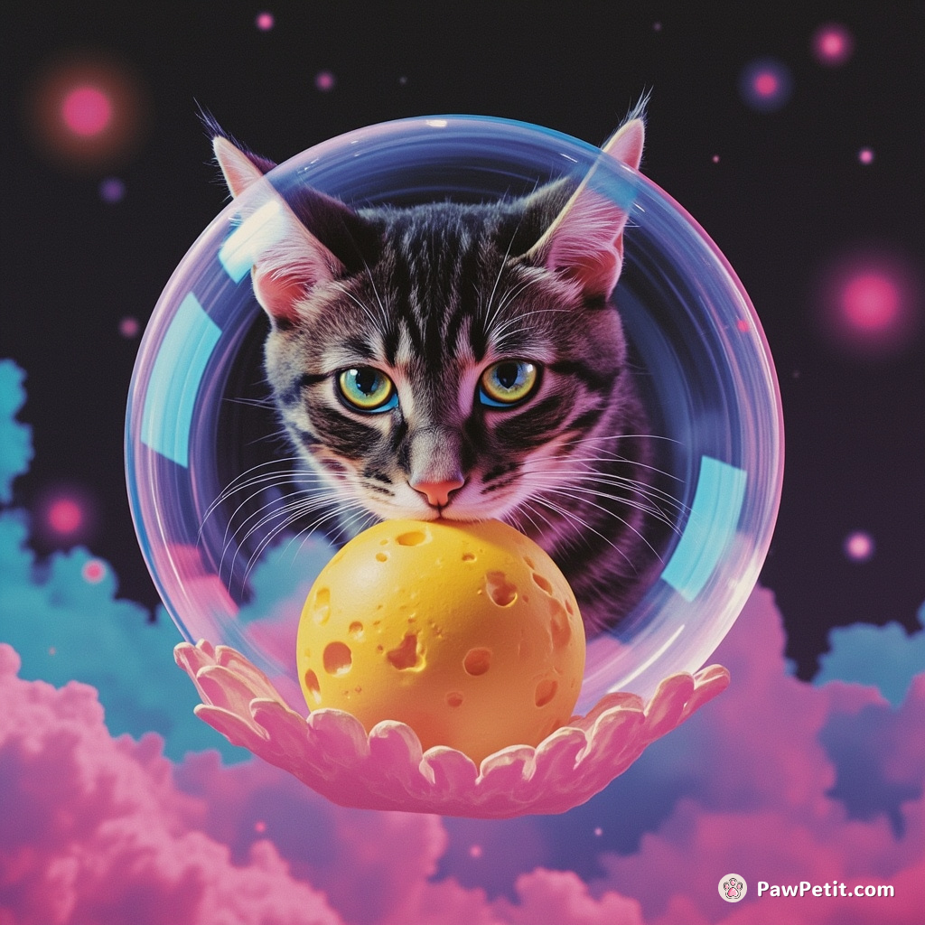 A three-headed cat investigating a small moon made of cheese, inside a levitating bubble seeping psychedelic colors.