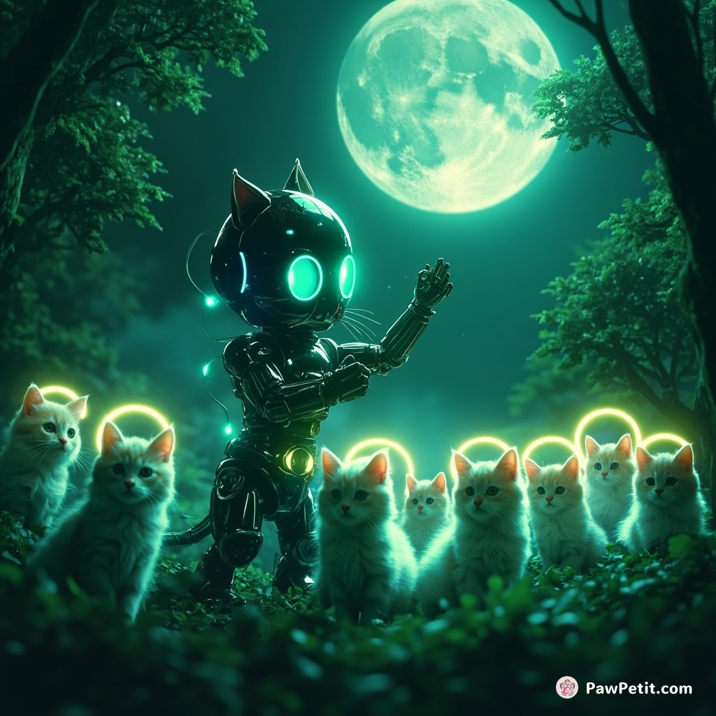 A robot cat recharging itself via moonlight, blessing alien kittens with glowing haloes in a luminous, emerald forest.
