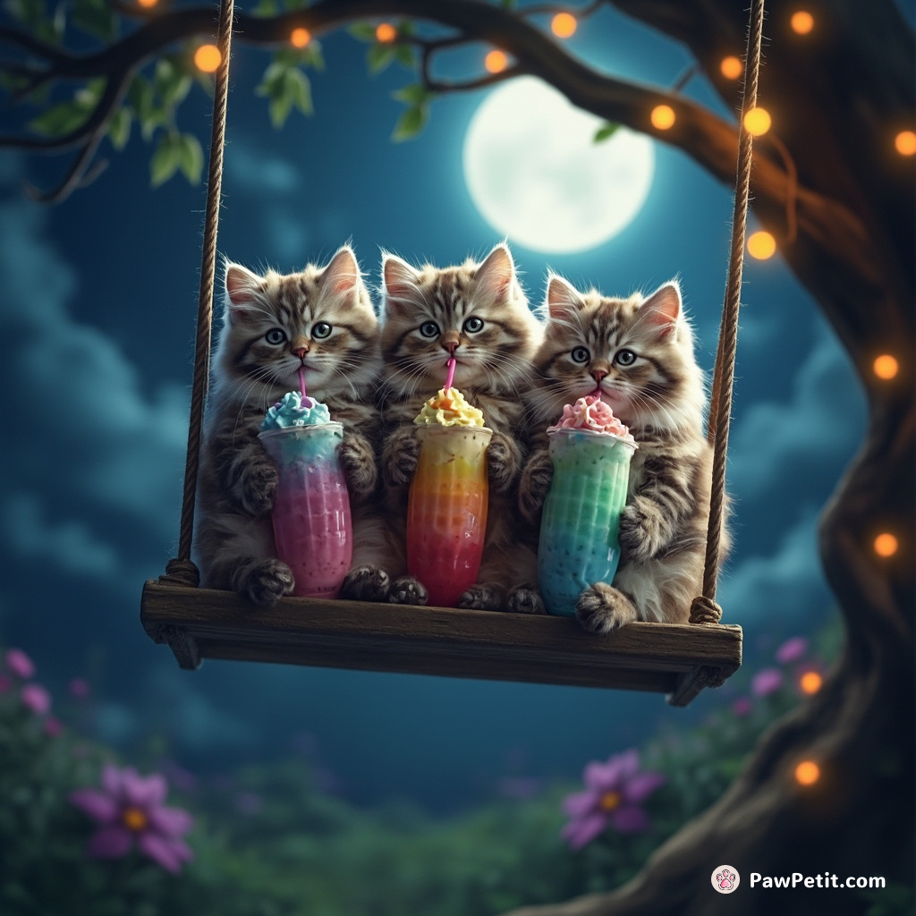 A three-headed Persian cat drinking rainbow milkshake on a tree swing under a moonlit cider sky.