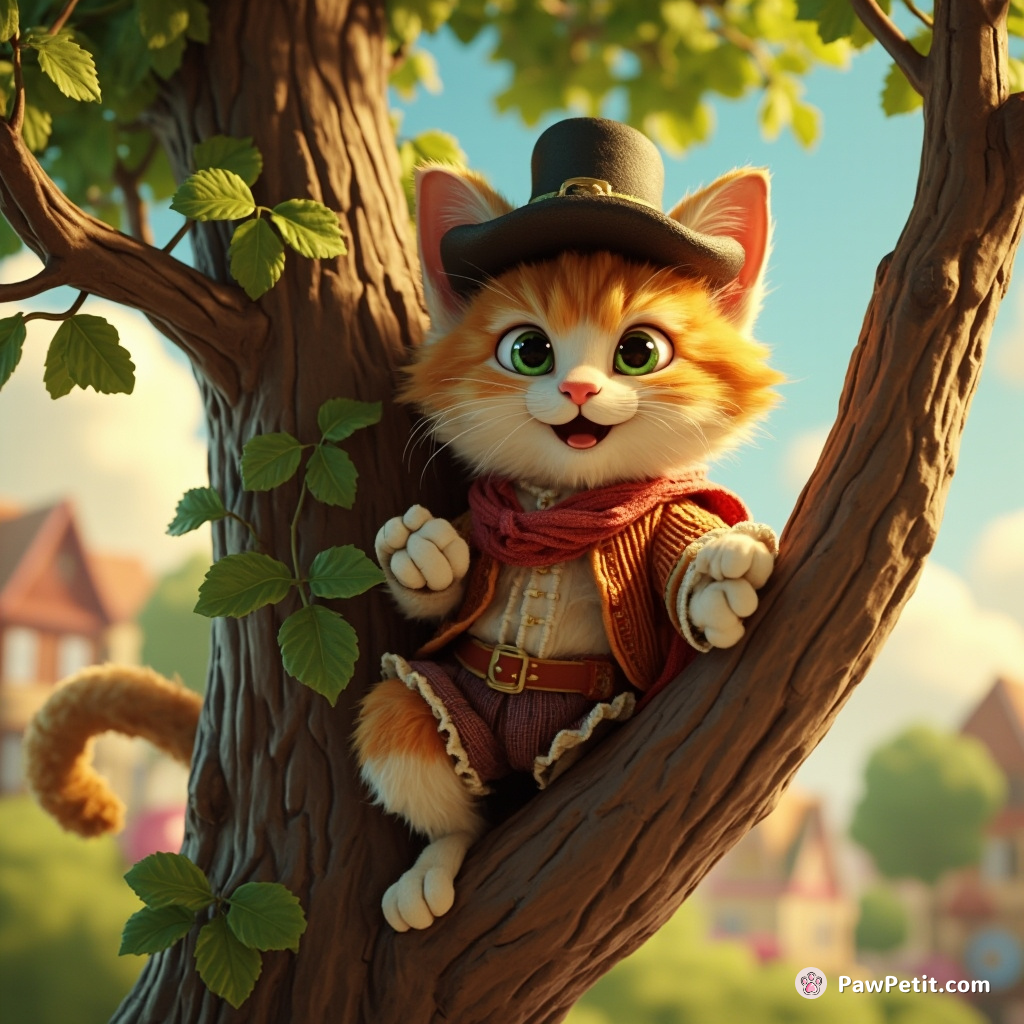 Fluffy the cat dons a tiny hat, scales a tree, and delivers a "meow-nificent" Shakespeare soliloquy from the top branch.