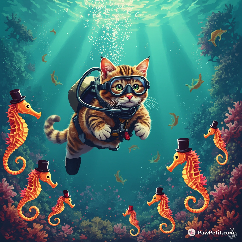 A cat scuba diving underwater, orchestrating a symphony of brightly colored seahorses sporting tiny top hats.