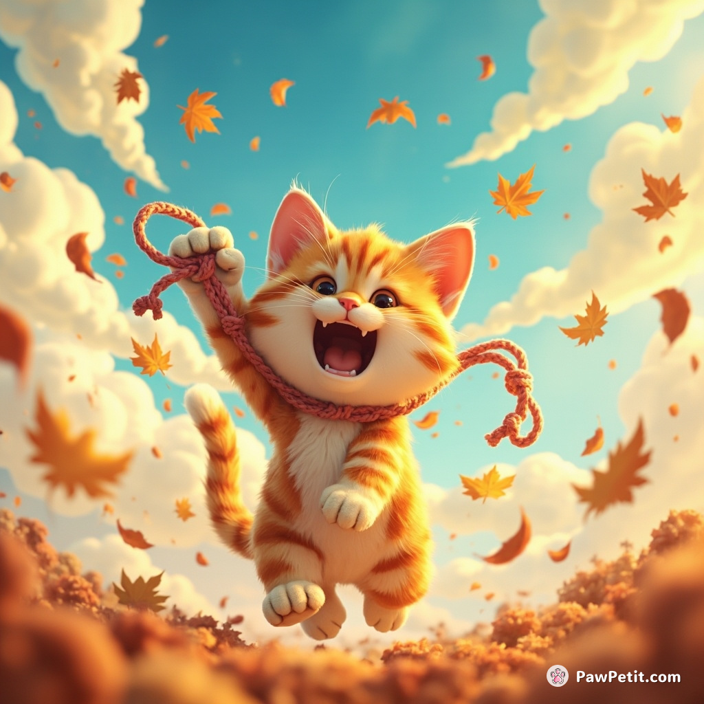 Amidst a whirlwind of falling leaves, the feisty feline lunges, petulantly pawing at vivid skies - swatting clouds like yarn.