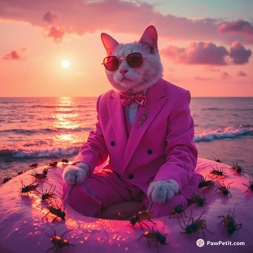 A cat conducting a symphony of crickets, wearing a neon pink tuxedo, atop a giant donut floating over the Atlantic Ocean at sunset.