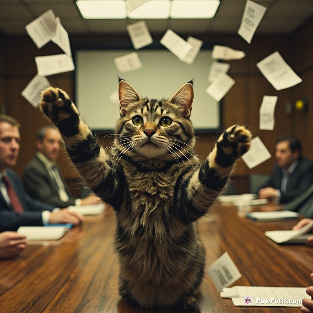 Undercover tabby swats meeting's paperwork into air; halftime show turns boardroom duel– pin-striped chaos impersonating briefcase bureaucracy.