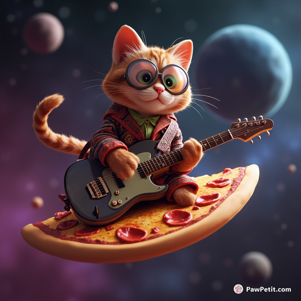 Cat leader of a rock band, playing electric guitar on a slice of flying pizza in space.