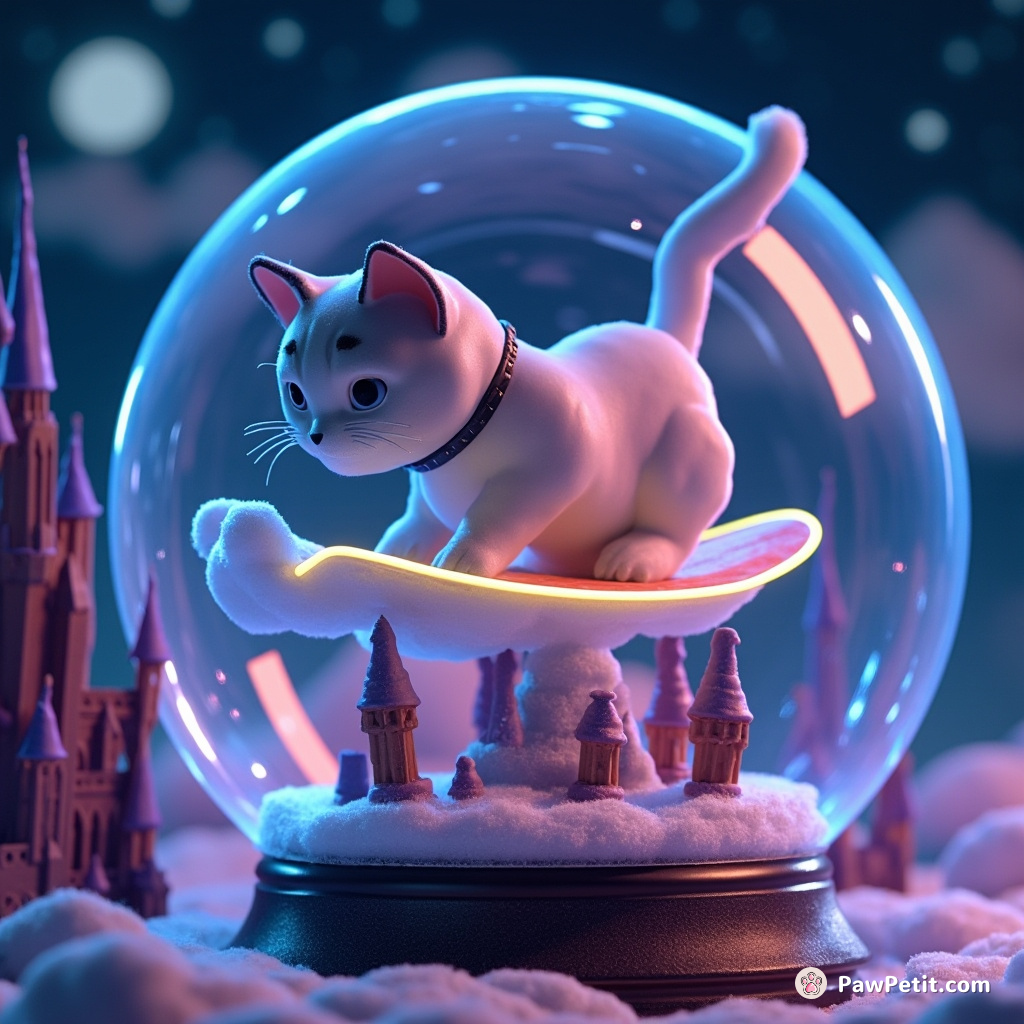 Neon glowing cat casually surfing a cloud through a snowglobe filled with miniature Gothic castles.