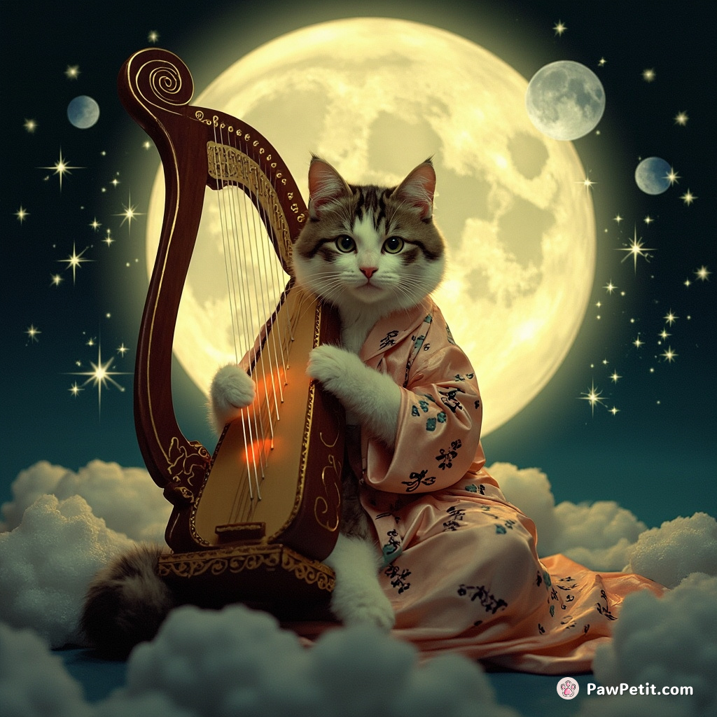 A calico cat playing a glowing harp on the moon, wearing calligraphy-styled silk robe, with dwarf stars hovering around subtly blinking assorted Morse codes.