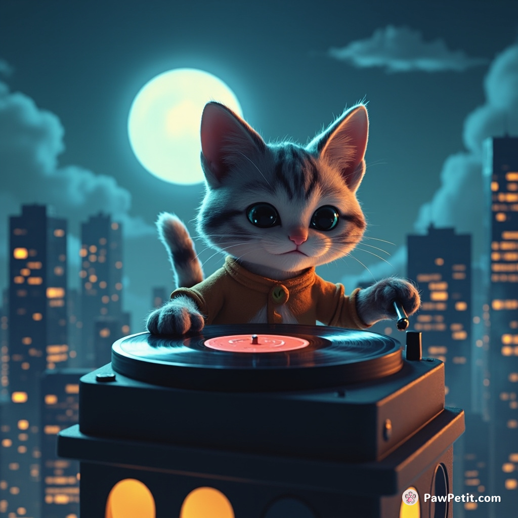 Cat DJ spinning a vinyl made of salmon on top of a moonlit skyscraper.