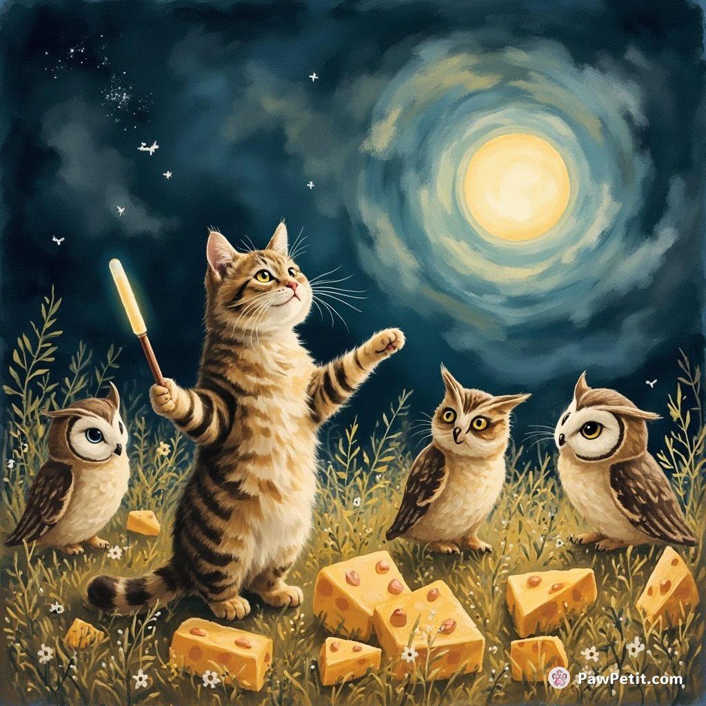 Cat leading a symphony of owls with a glow-in-the-dark baton on a moonlit cheese meadow.