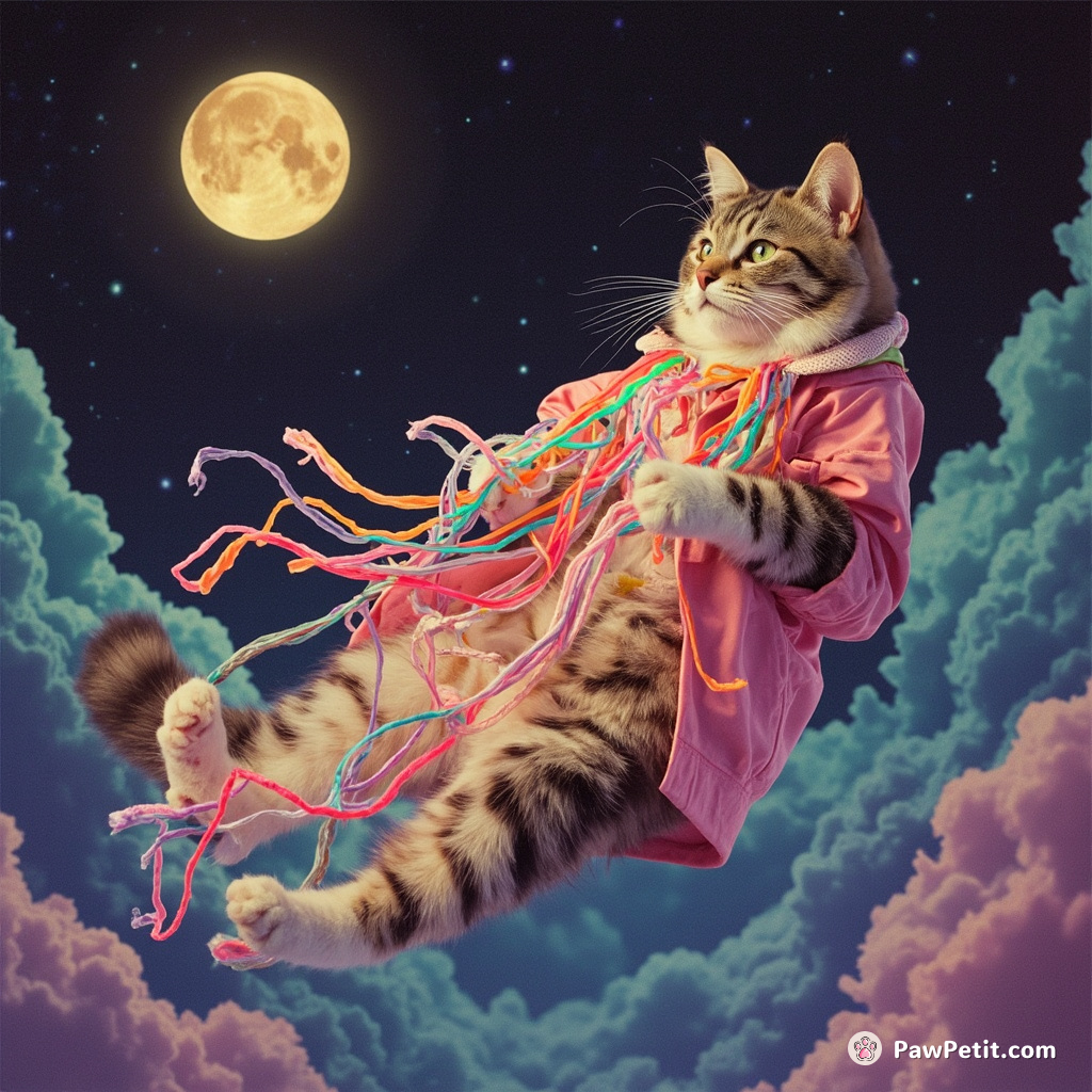 Cat unraveling multicolored threads of reality while floating in space jellyfish attire under an egg yolk moon.