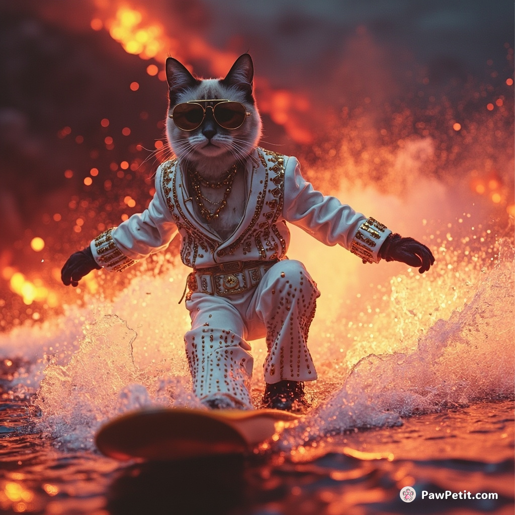 A frosty Siamese cat waterskiing on a river of lava, wearing sunglasses and an Elvis Presley jumpsuit.
