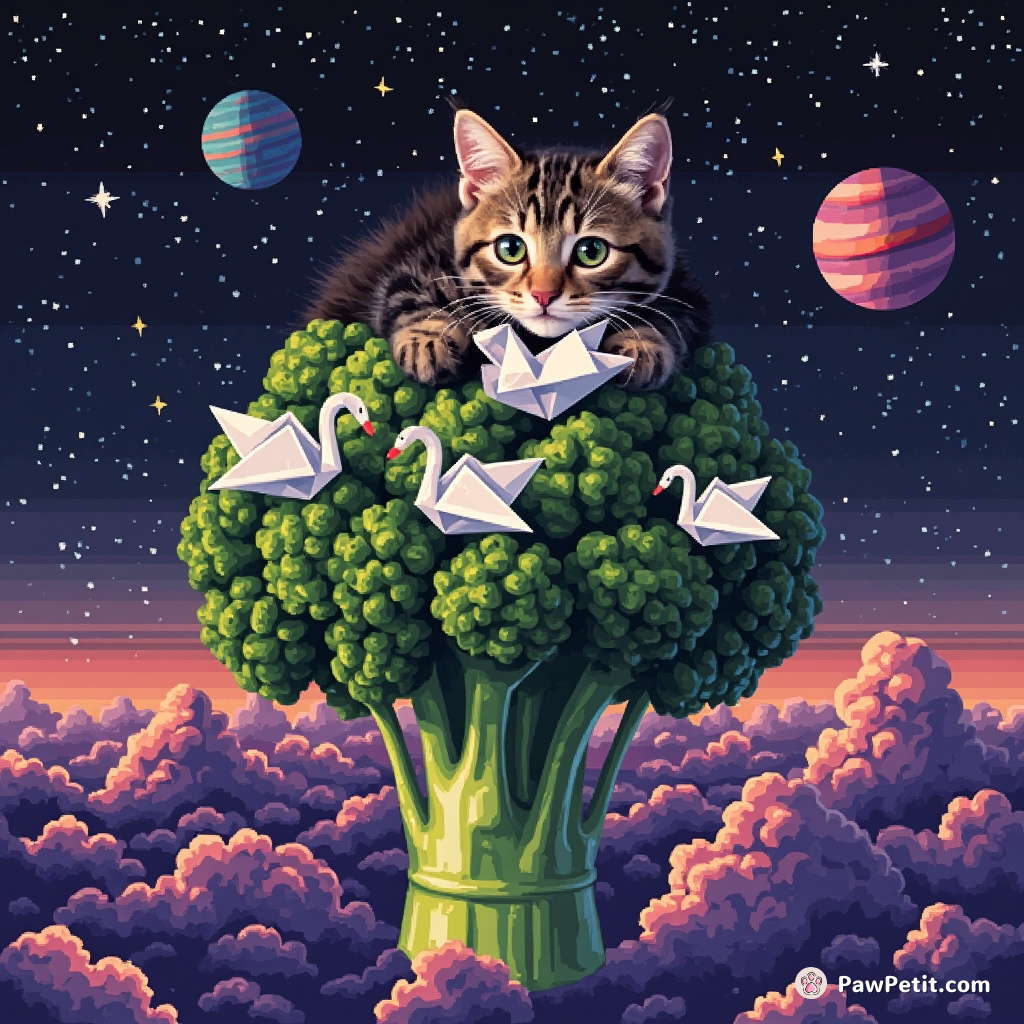A tabby cat folding origami swans atop a giant floating broccoli in outer space.