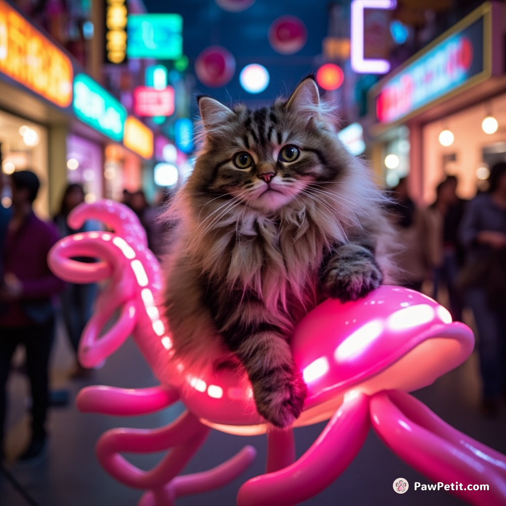 A fluffy Persian cat riding a neon squid through a rainbow-lit cosmic market.