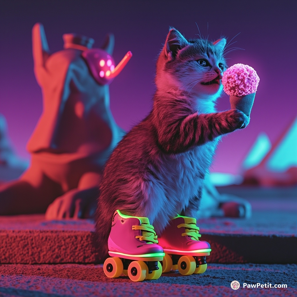 A cat wearing neon roller skates, eating a twinkling galaxy-sprinkle ice cream in front of the alien Sphinx statue honking a polka dot horn.